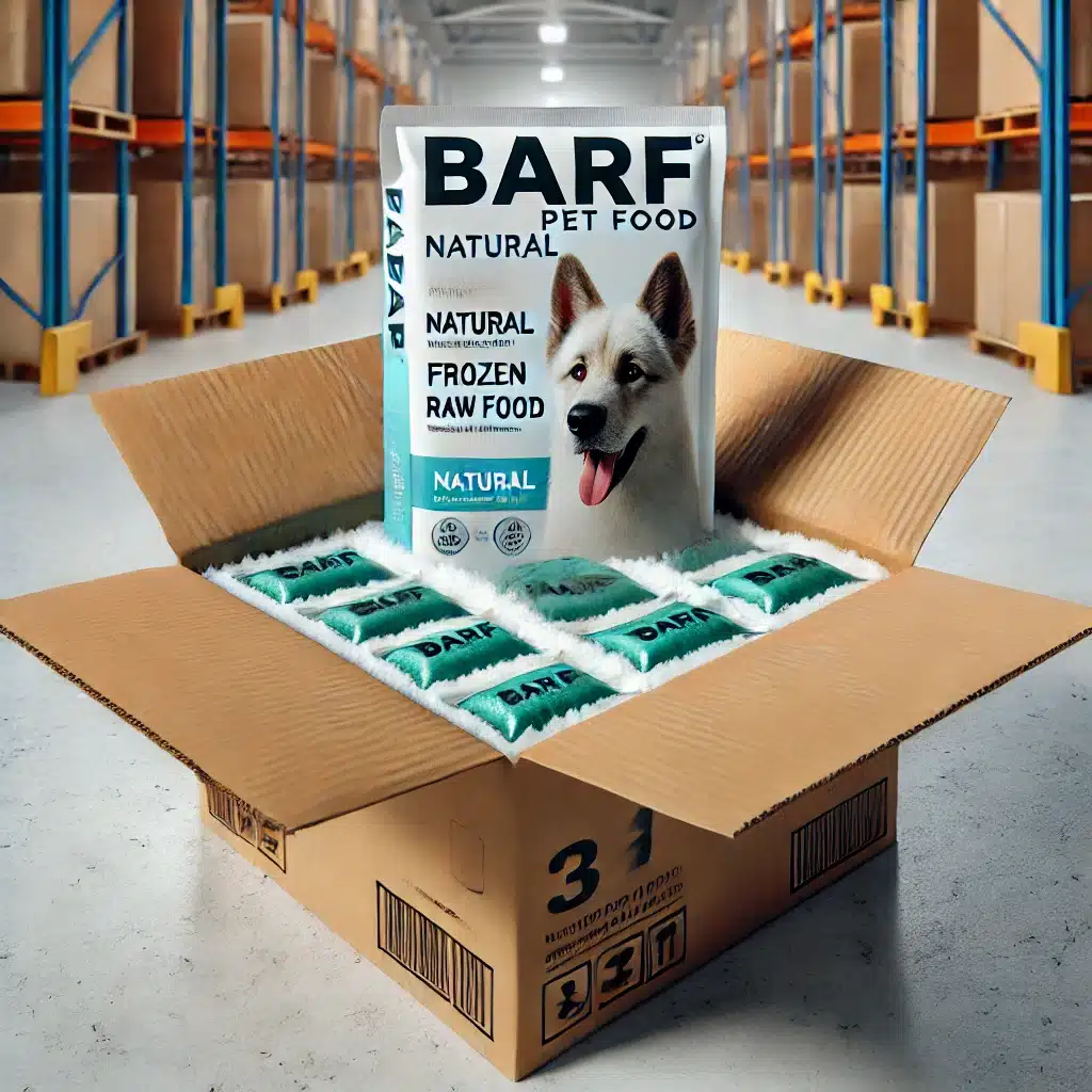 BARF pet food in passive temperature-controlled packaging inside a box, ensuring freshness in a cold chain warehouse