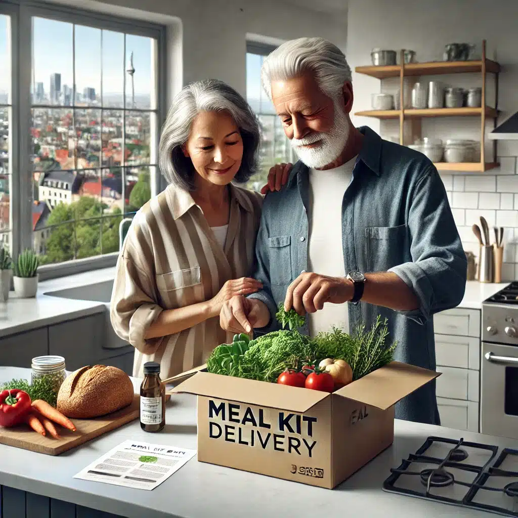 Senior couple unpacking a meal kit box in a modern kitchen with fresh vegetables, bread, and seasoning bottles. Highlights convenience and healthy meal preparation.