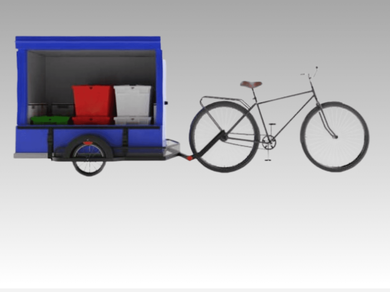 Bicycle with a blue trailer carrying insulated containers for temperature-controlled food delivery.