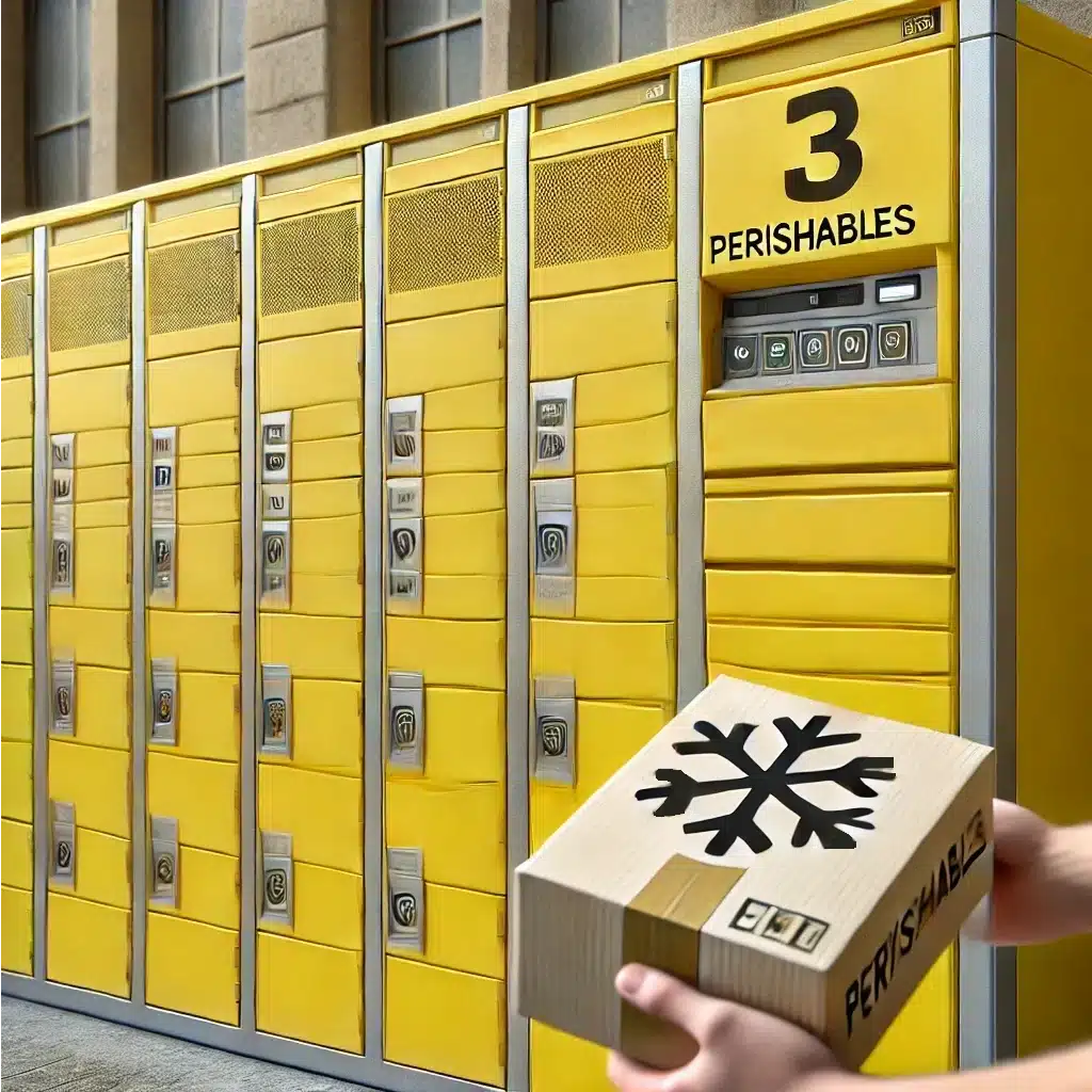 Yellow parcel locker with a compartment for perishable goods and a frozen package being retrieved.