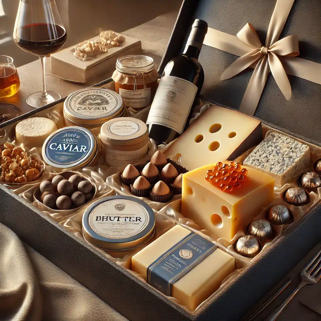 This luxurious gourmet food gift box includes a selection of high-quality delicacies: aged cheeses, premium caviar, artisanal butter, fine chocolates, and a bottle of exquisite red wine. A perfect choice for gourmet lovers and elegant gift-giving.