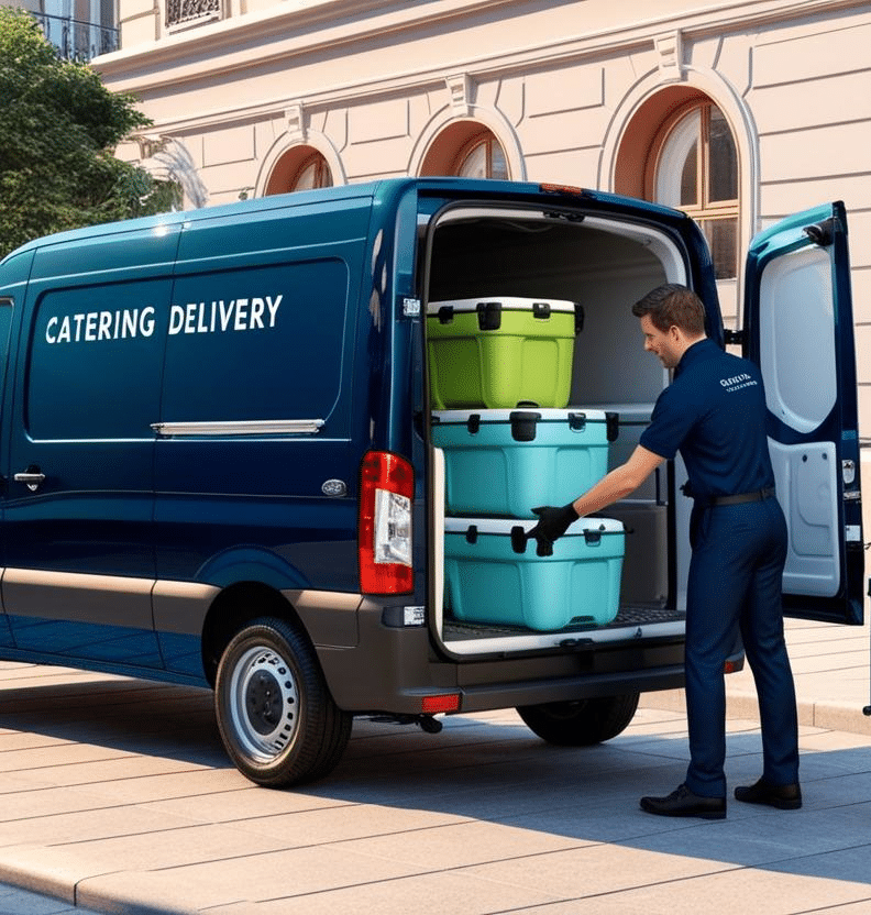 Delivery driver organizing thermal boxes in a catering van for food delivery.