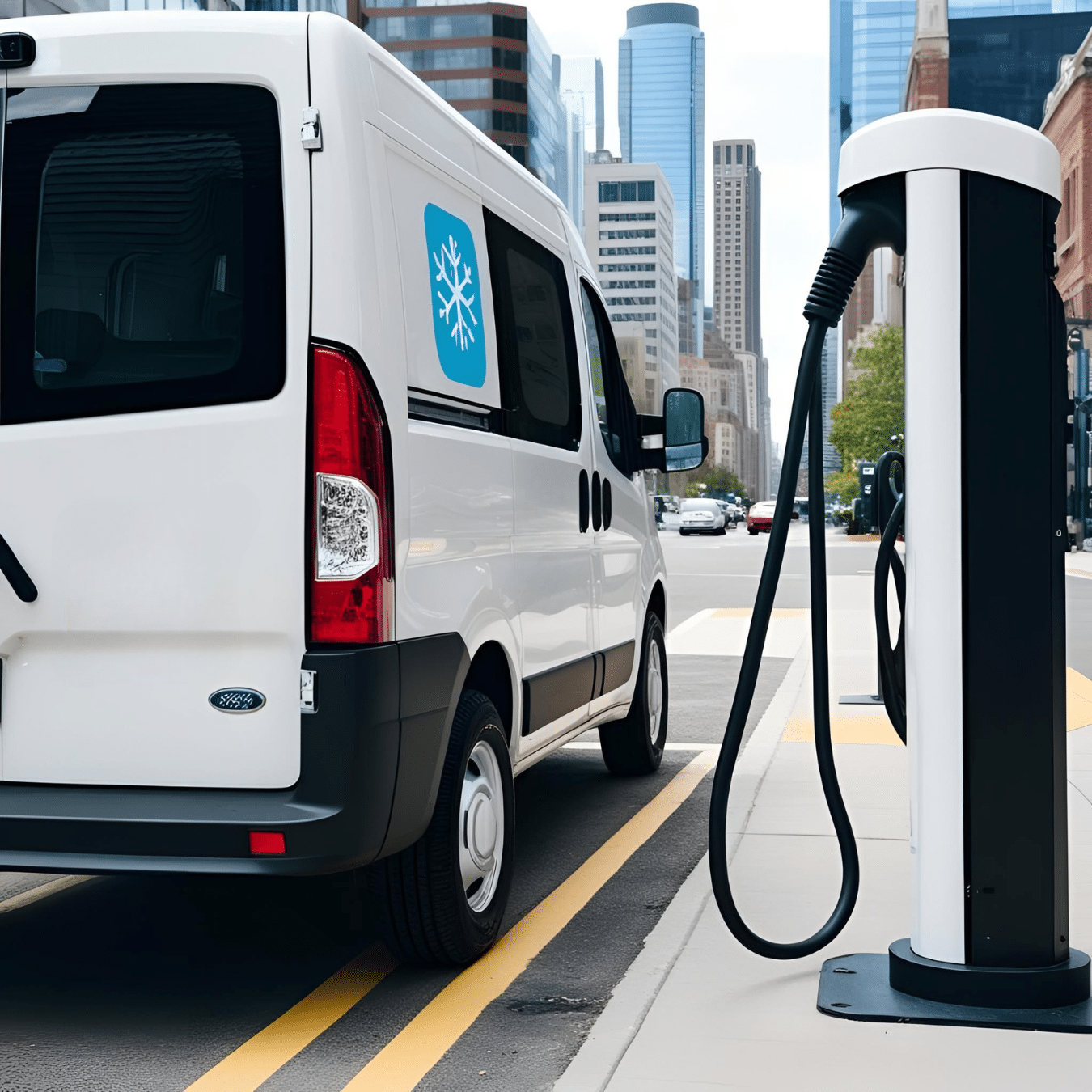 Electric refrigerated delivery van charging at an EV station in an urban setting