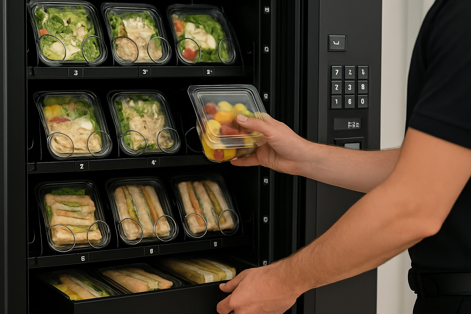 Worker hand placing a fresh fruit container into a refrigerated vending machine filled with salads and sandwiches