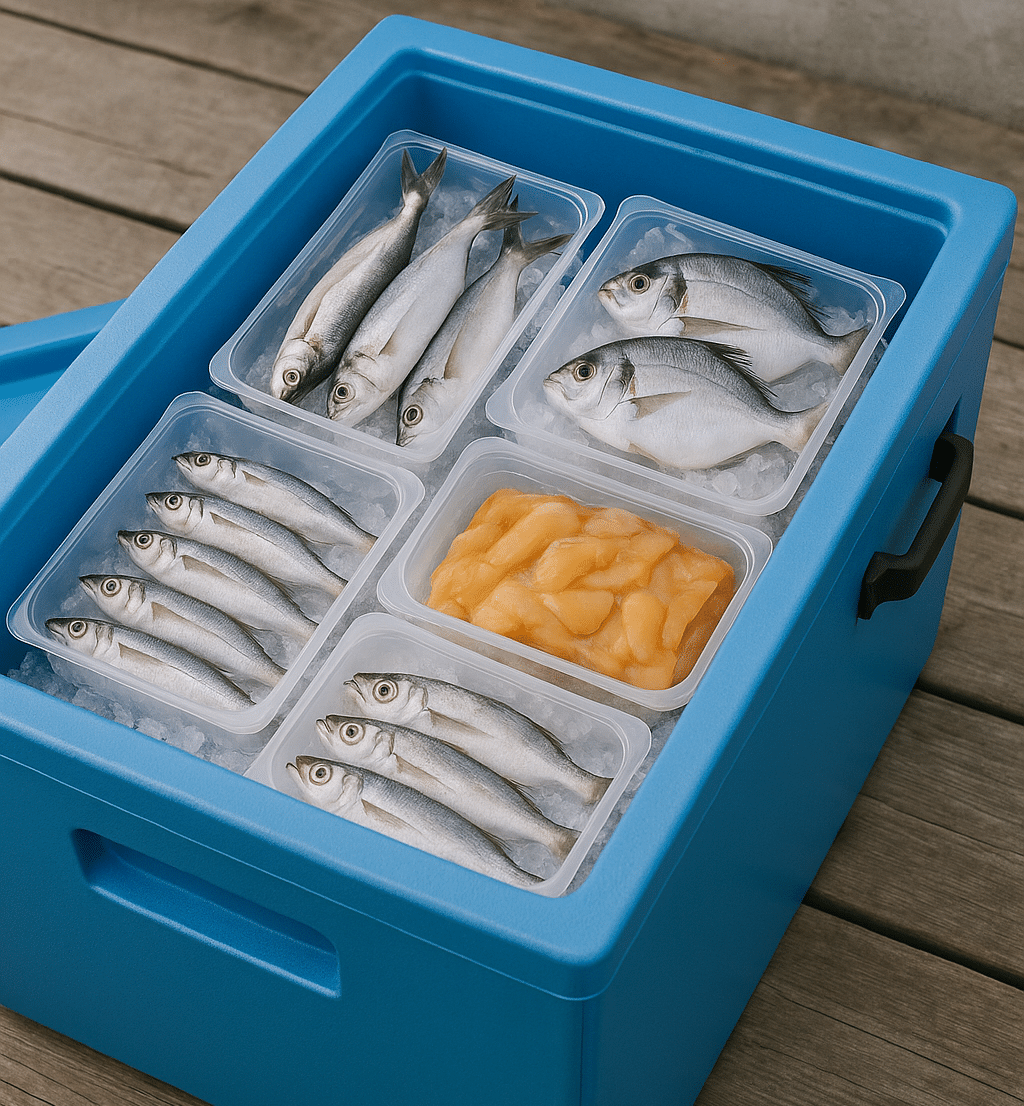 Blue insulated box with fish trays on ice, ready for last-mile seafood delivery.