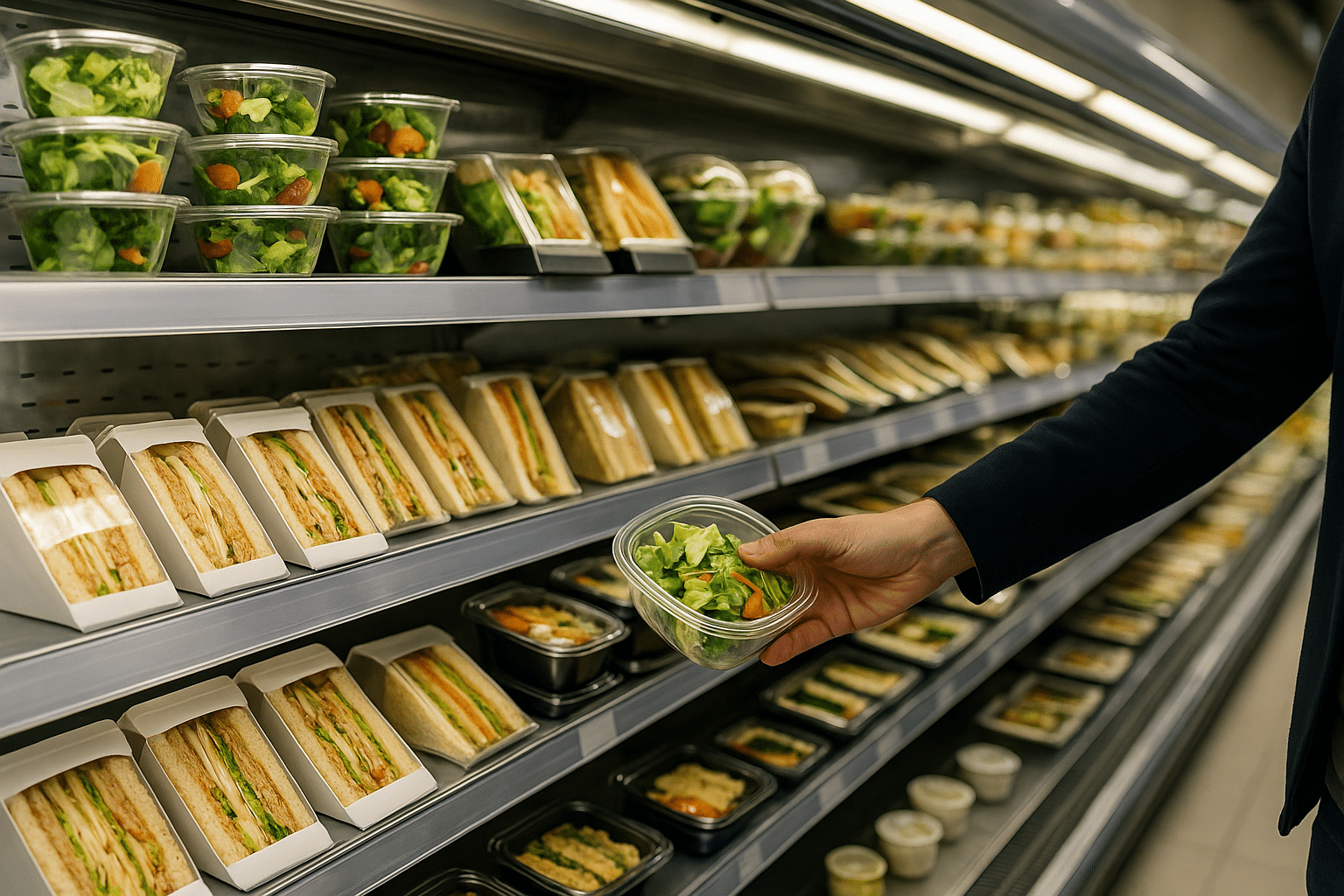 Hand picking a fresh salad from a refrigerated shelf of ready-to-eat meals in a European grocery store