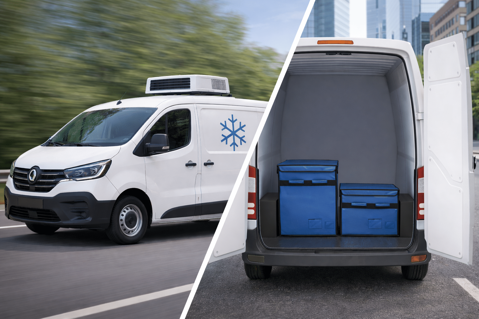 comparison between a refrigerated delivery van and a standard van using modular insulated containers for last-mile grocery