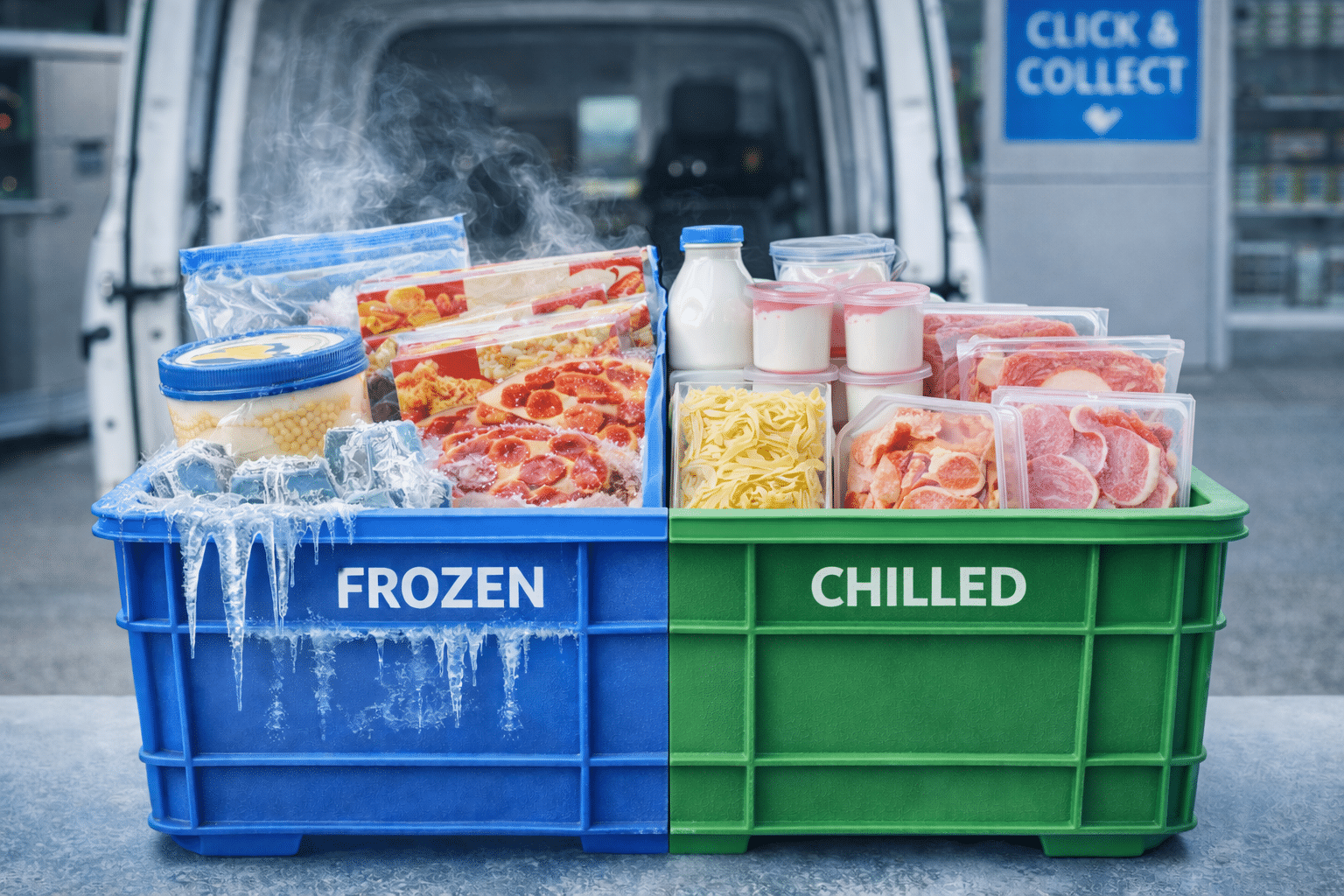 Plastic delivery crate divided into frozen and chilled sections, showing mixed grocery products prepared for last-mile delivery.