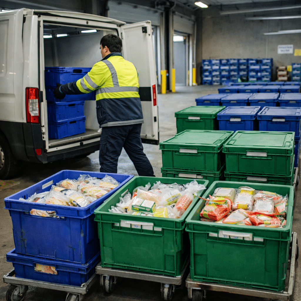 Logistics worker loading chilled and frozen grocery crates into a delivery van during last-mile handover