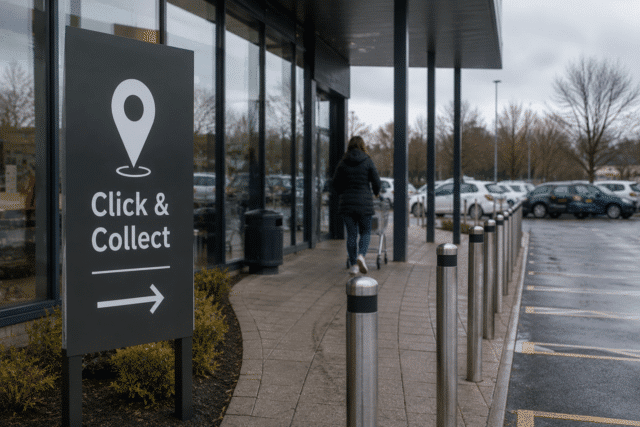 Customer walking toward a grocery click & collect pickup area outside a supermarket on a rainy day, beside a neutral collection-point sign and parking area.