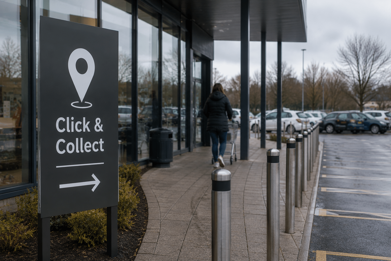 Customer walking toward a grocery click & collect pickup area outside a supermarket on a rainy day, beside a neutral collection-point sign and parking area.