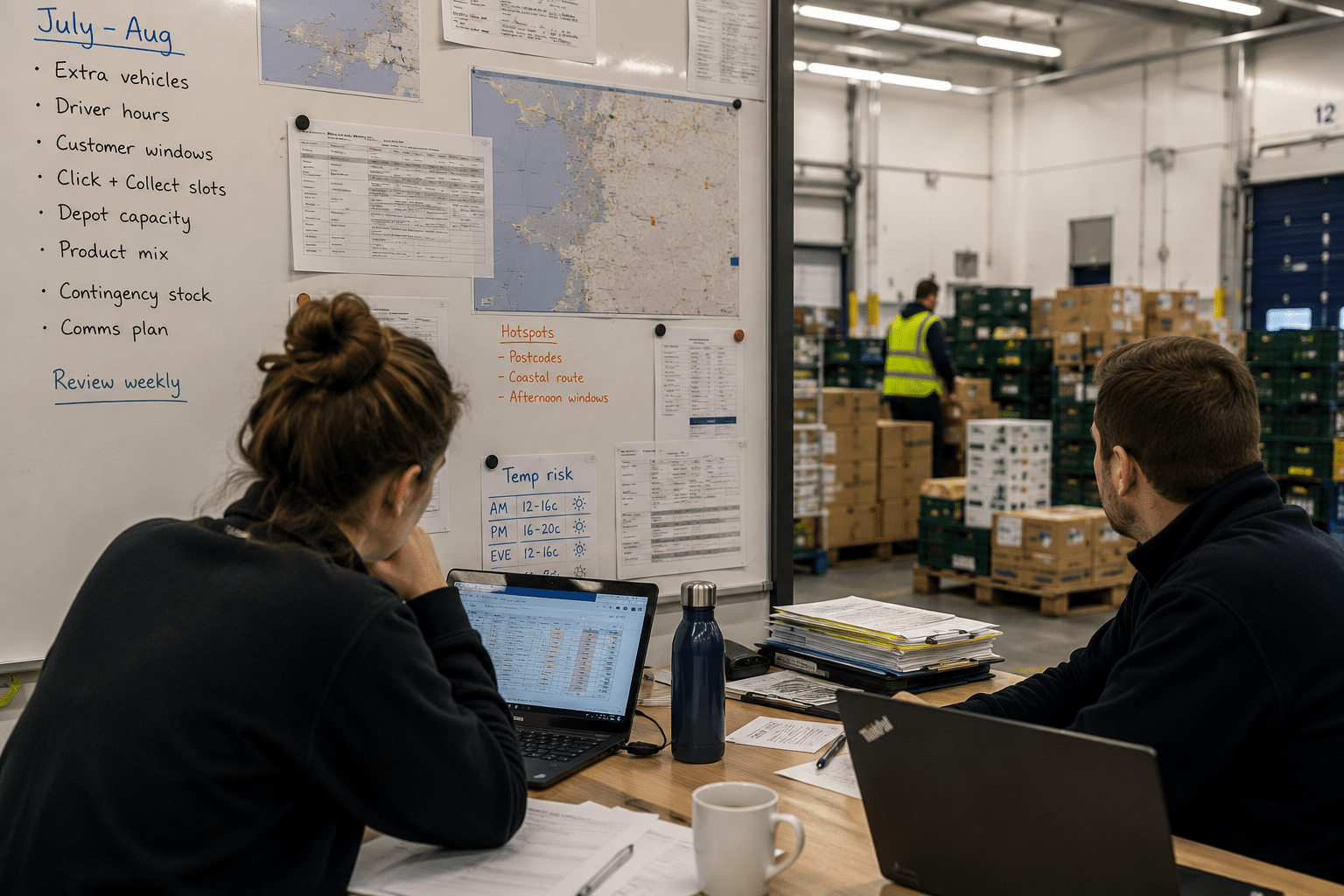 Two logistics planners reviewing summer dispatch and route data at a warehouse desk, with a whiteboard showing temperature risk windows, hotspots and seasonal planning notes for food cold chain operations.