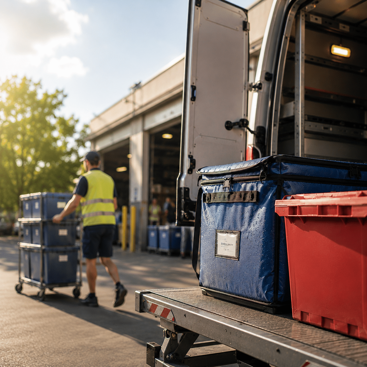 Grocery fulfilment operation with insulated delivery bag and reusable tote being loaded during warm weather conditions